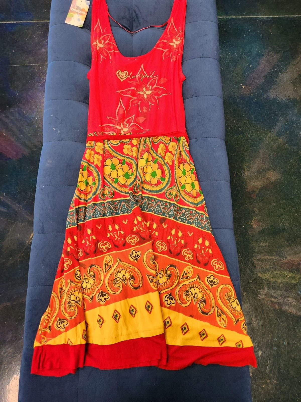 Desigual women's red tank dress w/colorful design on bottom.  We have two sizes