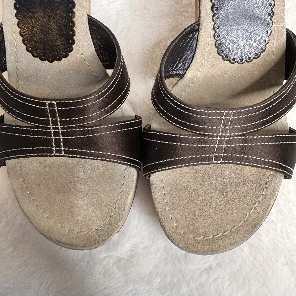 Prada Womens Sandals Mixed Media Metal Heel Wood Sole Contrast Stitch Size 37.5 - Image 2 of 4