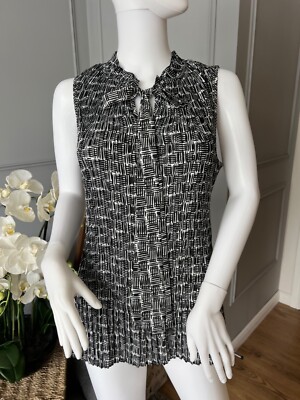 DKNY Damen Top Bluse mit Bindekragen ärmellos Plissee Größe L