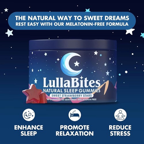 LullaBites Natural Sleep Gummies-Sweet Strawberry Stars Flavor 60 Gummies - Picture 2 of 5