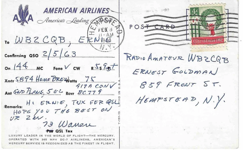 US Sc # 1205 on QSL card Vintage Ham Radio Amateur ,Hempstead, New York  1962 - Image 2 of 3
