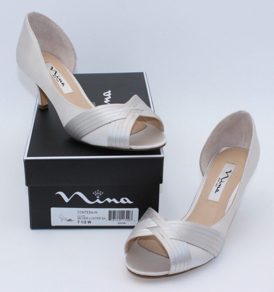 Nina Womens Silver Luster Wide Contesa Evening wedding kitten heel Pumps shoes eBay