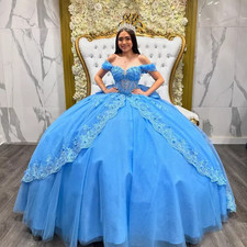 Blue Quinceanera Dresses Sweet 15 16 Off Shoulder Bowed Birthday Party Ball Gown