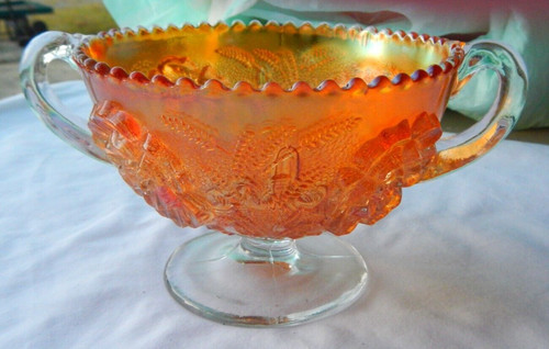 Vtg  DUGAN Carnival Glass Handled Compote PUZZLE FLORAL & Wheat Bowl UV MARIGOLD