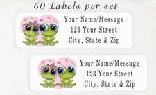 60 Personalized Return Address Labels 2/3" x 1 3/4"- ADORABLE Pink Hearts Frogs