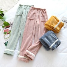 Women Coral Fleece Pants Trousers Pyjama Bottoms Flannel Striped Nightwear
