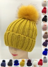 Warm Winter Beanie Ski Fur Pom Pom Striped Hat Full Plush Faux Fur Lining Knit