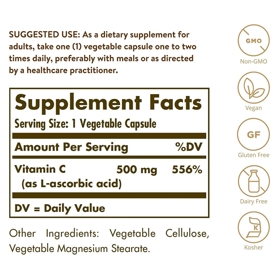 Solgar Vitamin C 500 mg 100 Vegetable Capsules - Image 2 of 4