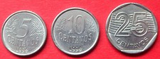 BRAZIL THREE VINTAGE 1994 COLLECTABLE 5 - 10 & 25 CENTAVOS COINS  IN GOOD GRADES