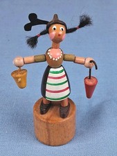 Vintage FOMLET Italian Wood Thump Push- Up Toy Woman w/ Red Umbrella Bucket