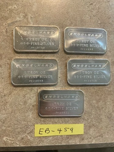 5 ENGELHARD 1 OZ. .999 FINE SILVER BARS