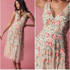 Mac Duggal Women's V-Neck Sleeveless Midi Floral Beaded A-Line Dress Size 14 NWT