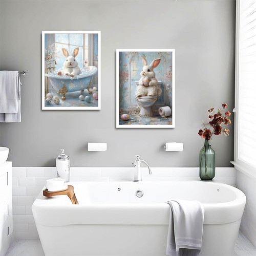 2 Pcs Easter Bunny Canvas Wall Art Blue Cute Rabbit Eggs 12x16in, Poster - Picture 3 of 9