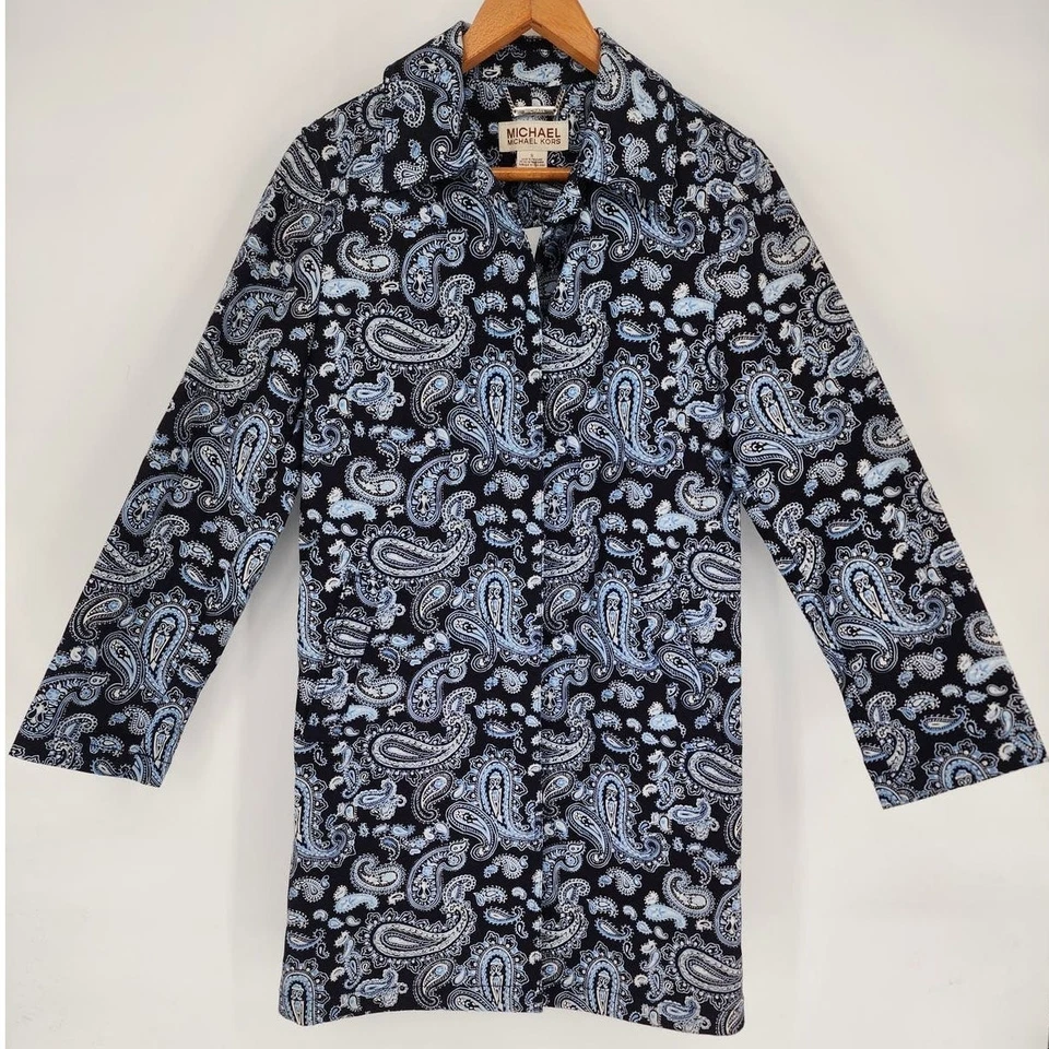 Michael Kors Navy Blue Paisley Trench Coat Women’s Size Small - Image 2 of 4