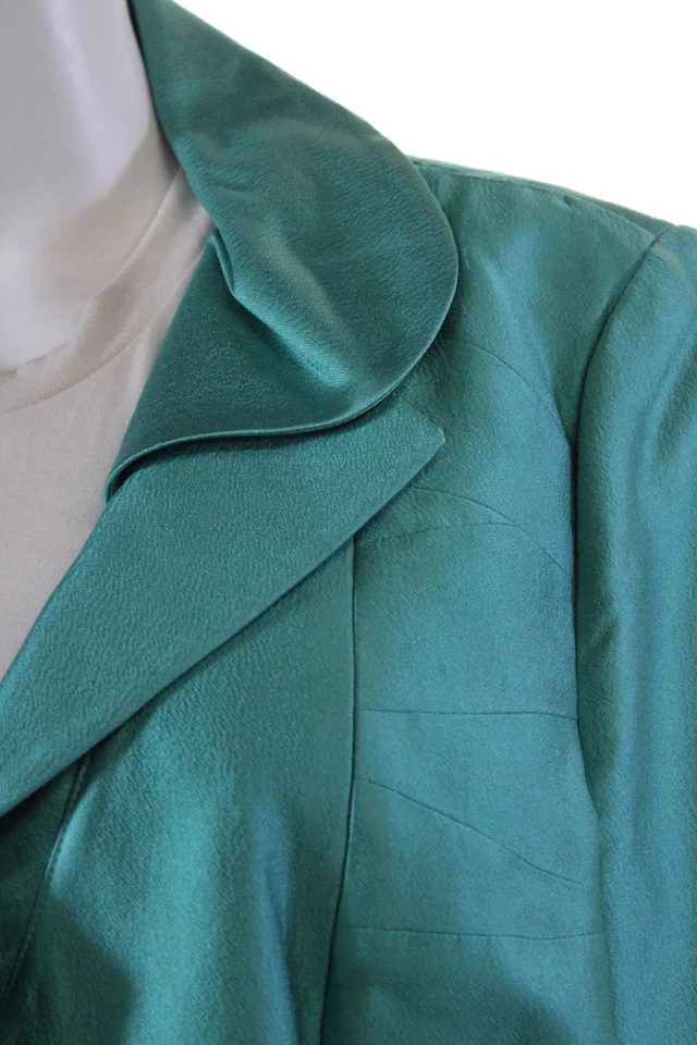 Conjunto de traje blazer falda manga larga frontal botón seda Kay Unger para mujer verde azulado talla M Foto 3 de 4