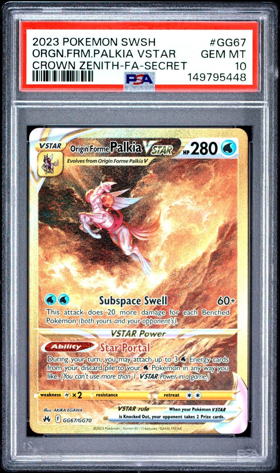2023 Pokemon Crown Zenith Full Art Secret Origin Forme Palkia VSTAR #GG67 PSA 10