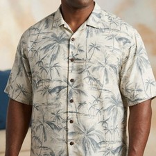 Tommy Bahama Mens XL 100 Silk Palm Tree Hawaiian Camp Shirt Ivory