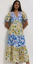 River Island Floral Tiered Boho Midaxi Yellow Blue Puff Sleeve Dress UK 14 BNWT 
