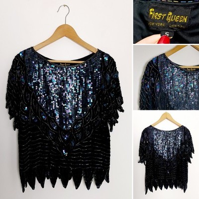 Vintage First Queen schwarz 100 % Seide Aurora Borealis Pailletten Top Größe Small