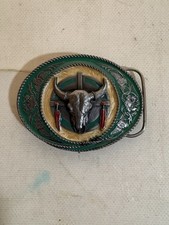 Buffalo Skull Feathers Floral Enamel Pewter Metal Belt Buckle Siskiyou 1991