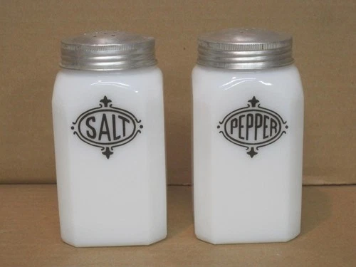 Vintage White Milk Glass MCM Range Salt & Pepper Shakers Black Printing Art Deco