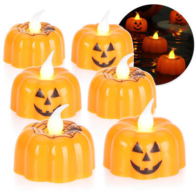 6x LED Teelichter Halloween - flackernde Teelichter in Kürbisform