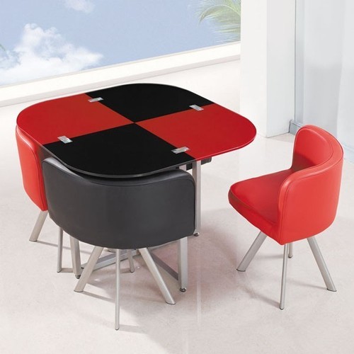New space saver black wooden Dining Table & 4 grey fabric Chairs Set - Picture 4 of 9