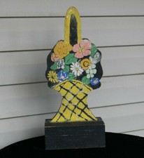 Antique Early 20thC Art Deco Daisy Flower Basket Painted Wood Folk Art Doorstop