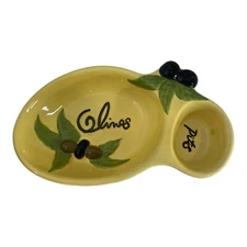 Yellow Olive Serving Dish Hand Painted Olives & Pits Glazed 9.5" Long