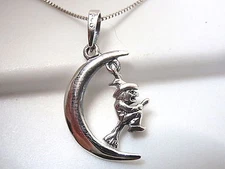 Witch on Broomstick in Crescent Moon Pendant 925 Sterling Halloween Decorations