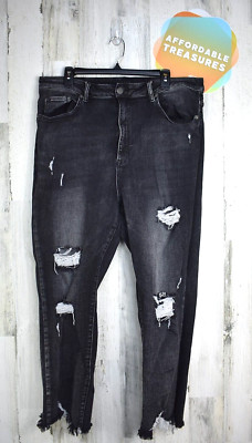 Risen Los Angeles Jeans Black Distressed Plus Size 3XL Raw Hem Holes Women's
