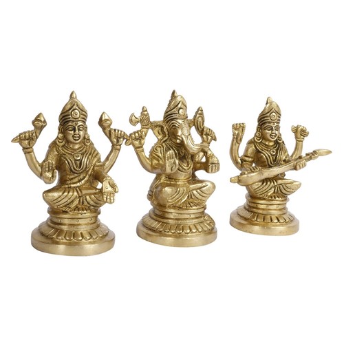 Laxmi Ganesha Saraswati Idol Brass Hindu Deities Idols Vastu Diwali Puja 4.5 In - Picture 3 of 5