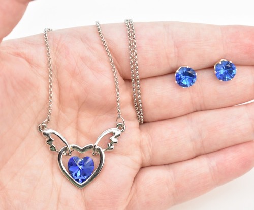 18KRGP Deep Sapphire Blue Heart Crystal Pendant Chain Choker Necklace/Earrings - Picture 2 of 4