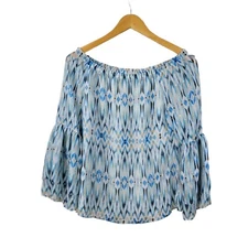 White House Black Market Size Small Boho Blouse peasant top Geometric art blue