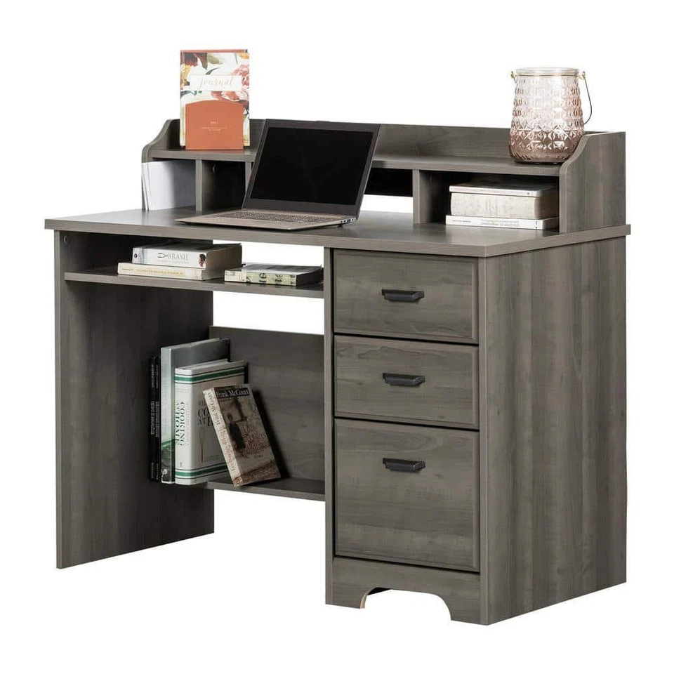 South Shore Computer Desk Rectangular Hutch Fixed Dividers Gray Maple 3-Drawer - Image 2 of 4