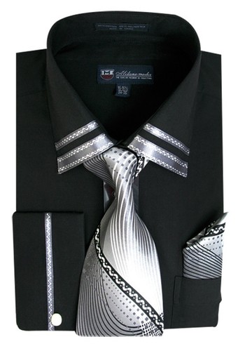 Fortino Landi Men's French Cuff Dress Shirt w/ Matching Tie & Hanky Set #28 - Picture 8 of 15
