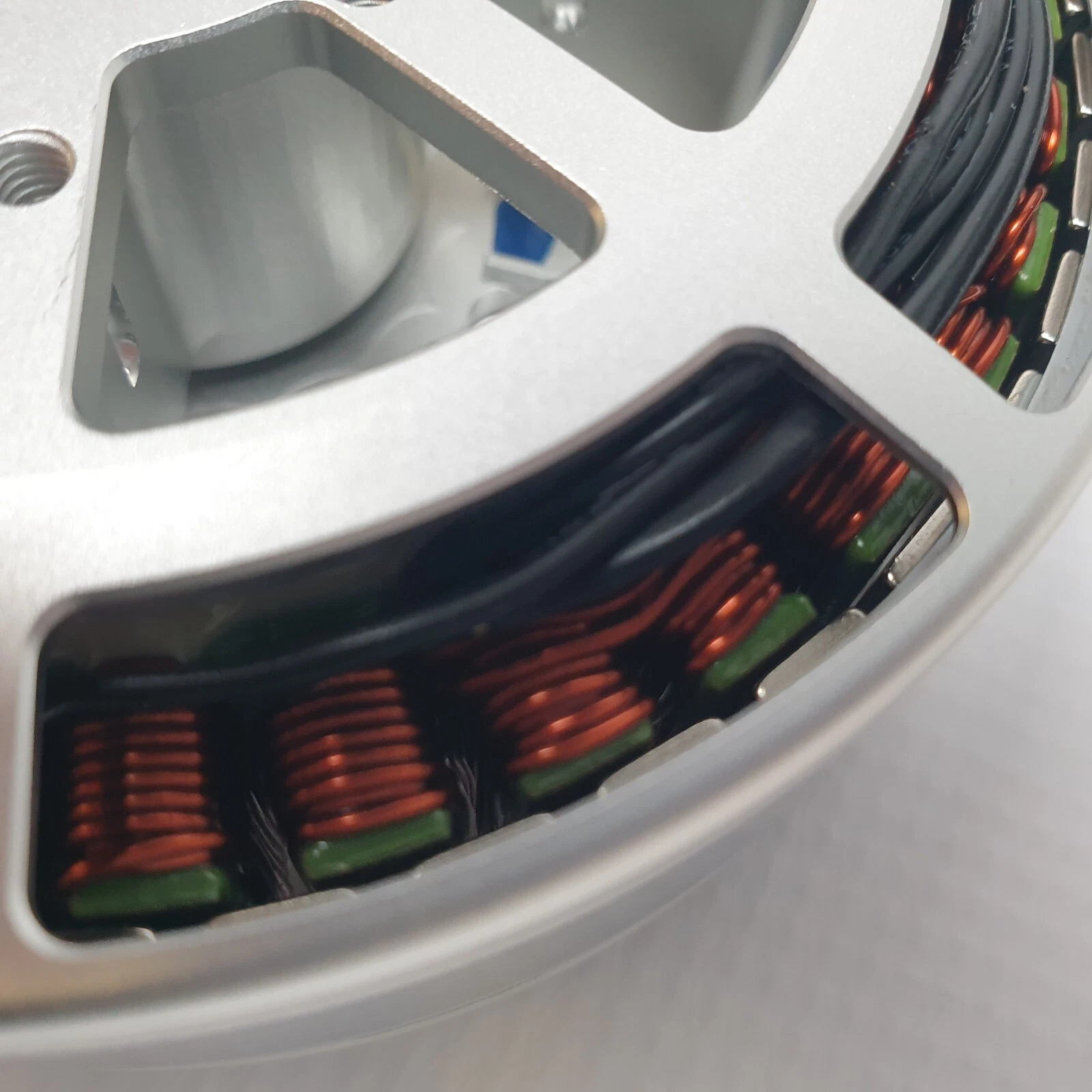 Close-up of the unused stator windings inside the P150 motor