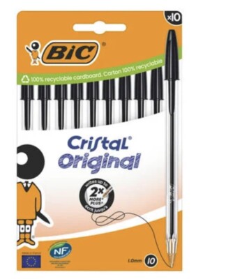 Neu - 10er Pack Cristal Original BIC 1,0 mm Schwarze Tinte Kugelschreiber 