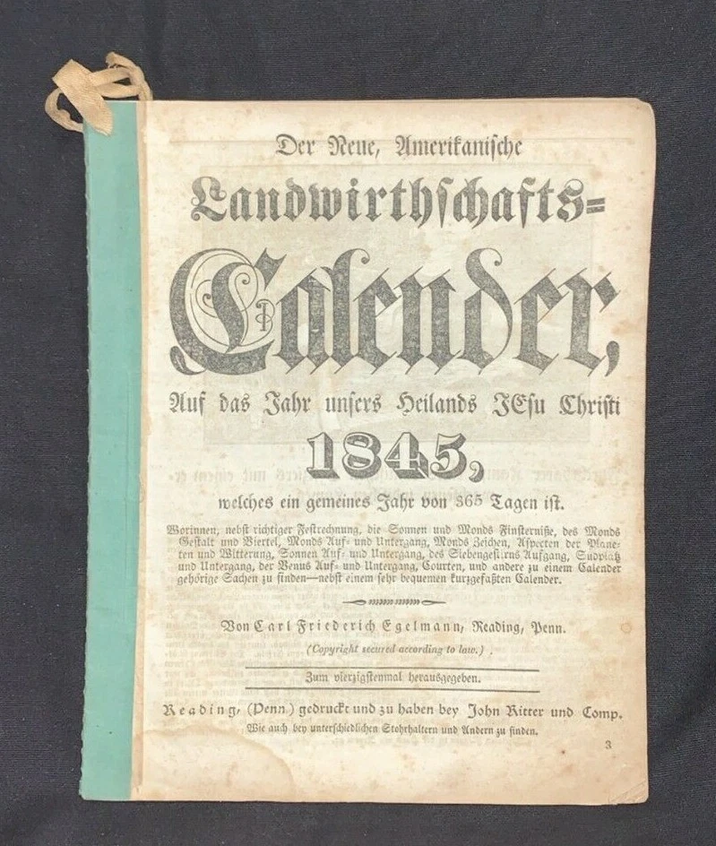 Antique Der Neue Reading Calendar 1845 German Almanac Reading PA - Missing  Cover | eBay
