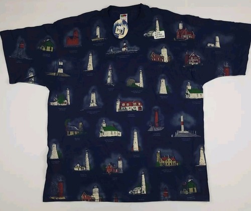 T-shirt vintage Michigan Great Lakes Lighthouses stampa all over nuova con etichetta fondo di magazzino