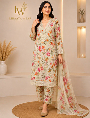LIBAAYA Wear Women s 3-Piece Lawn Salwar Kameez Dupatta Cream Floral L
