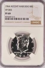 1964 ACCENT HAIR Kennedy Half Dollar Proof DDO VP-003 NGC PF 69 PR69 TOP POP 50C