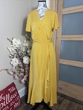 Spanish Flamenco Wrap Maxi Dress Medium Mustard Yellow Polka Dot Ruffle Hem