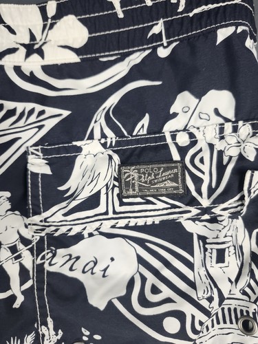 Polo Ralph Lauren Hawaiian Swim Trunks Mens Size L Navy White Aloha Hibiscus Vtg - Picture 9 of 18