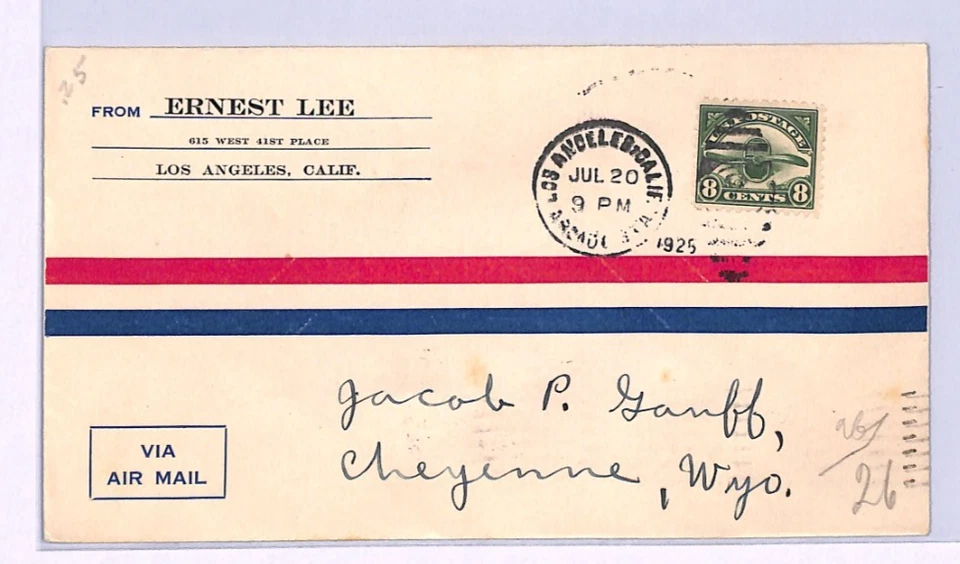 USA Air Mail 8c PROPELLER (#C4) Cover 1925 Los Angeles-Cheyenne Wyoming XA24 - Image 2 of 4