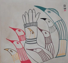 Pudlat Signed Indigenous Abstract Oil Painting on Canvas Canadian Art