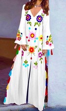 James Ascher White Floral Kaftan with Tassel Detail Long Dress Size M Polyester