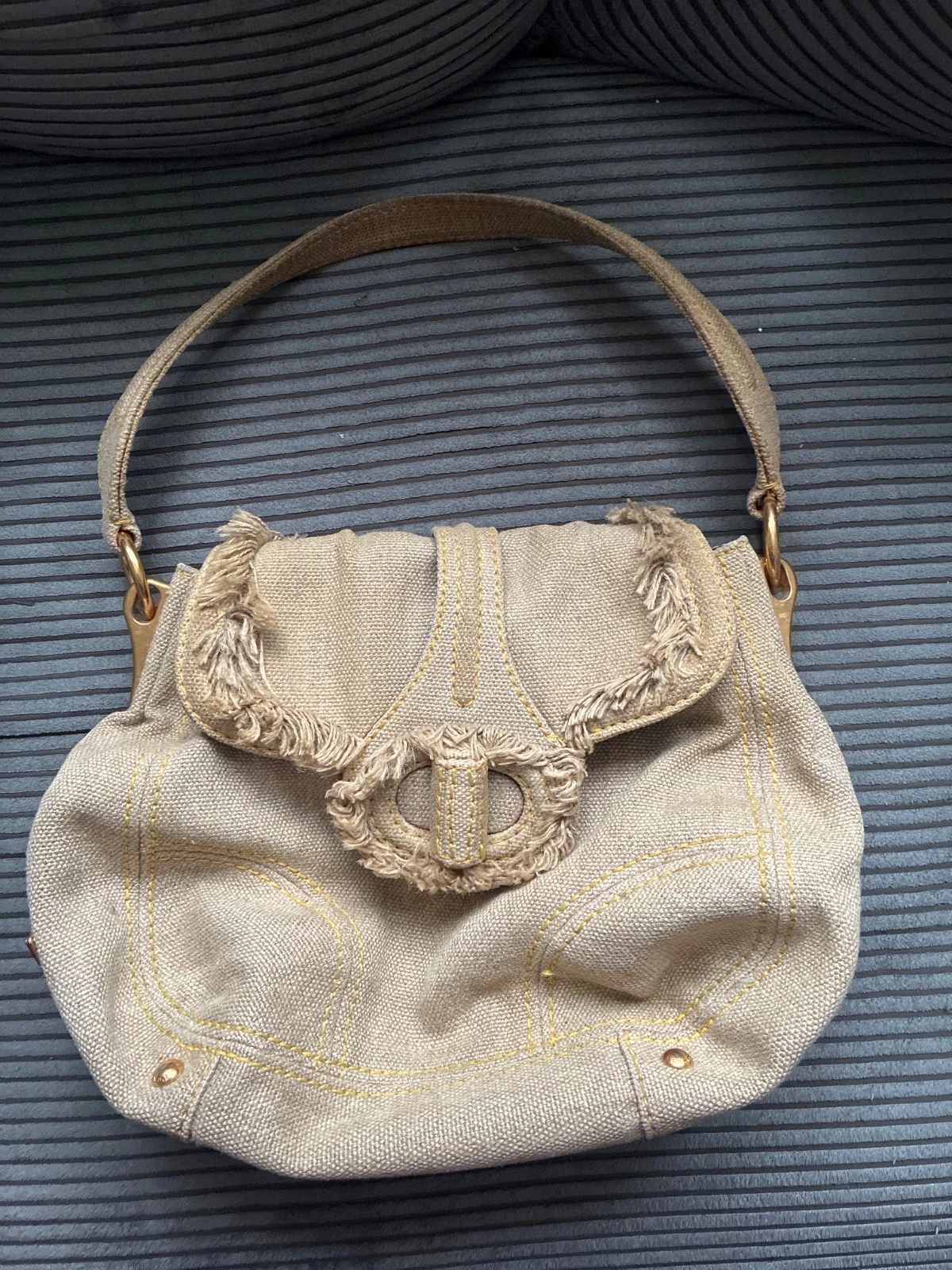 Women's PRADA Biege denim cloth leather lining fringe shoulder bag handbag