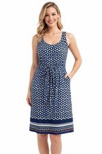 Talbots A-Line Dress Size M Stretch Knit Belted Geo Print Navy Purple Classic