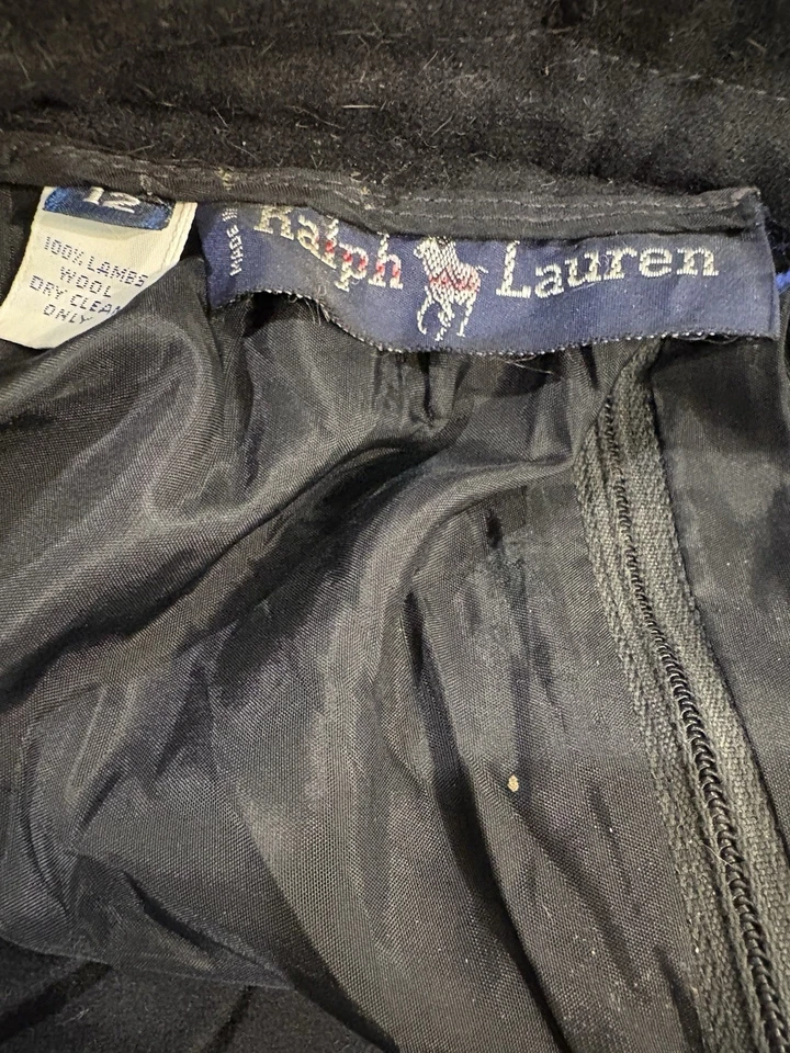 Saia Ralph Lauren Blue Label Vintage Anos 80 Preta Lã Plissada Midi EUA Tamanho 12 - Imagem 2 de 2